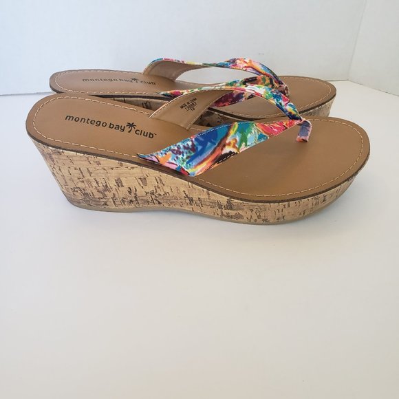 Montego Bay Club Cork Wedge Thong Flip Flop Floral Sandal Women's Size US 8 - Picture 3 of 5